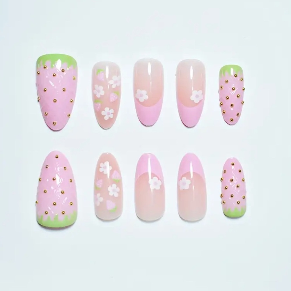 New Pink & Green Strawberry 3D Press On Nails 10 pc Medium Reusable French Tip - Picture 6 of 8